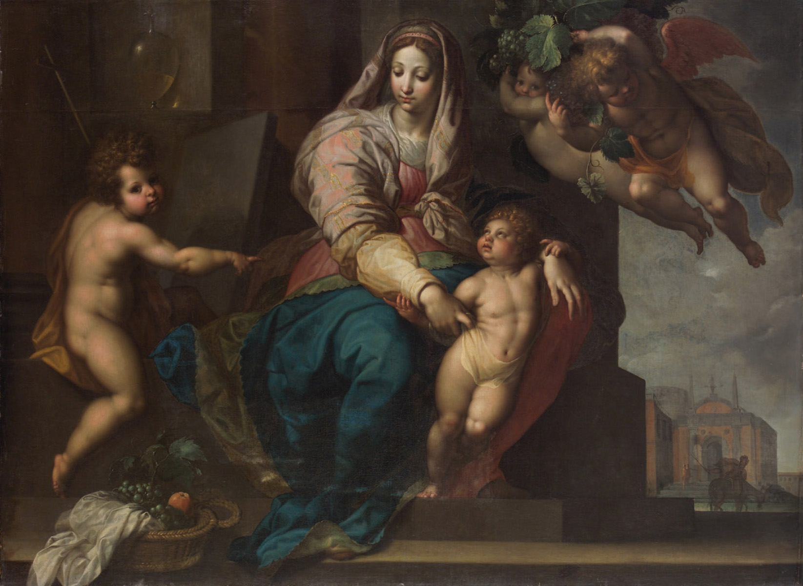 Maria mit Kind, Johannesknaben und Engeln, Jacob de Backer, 1590-1600