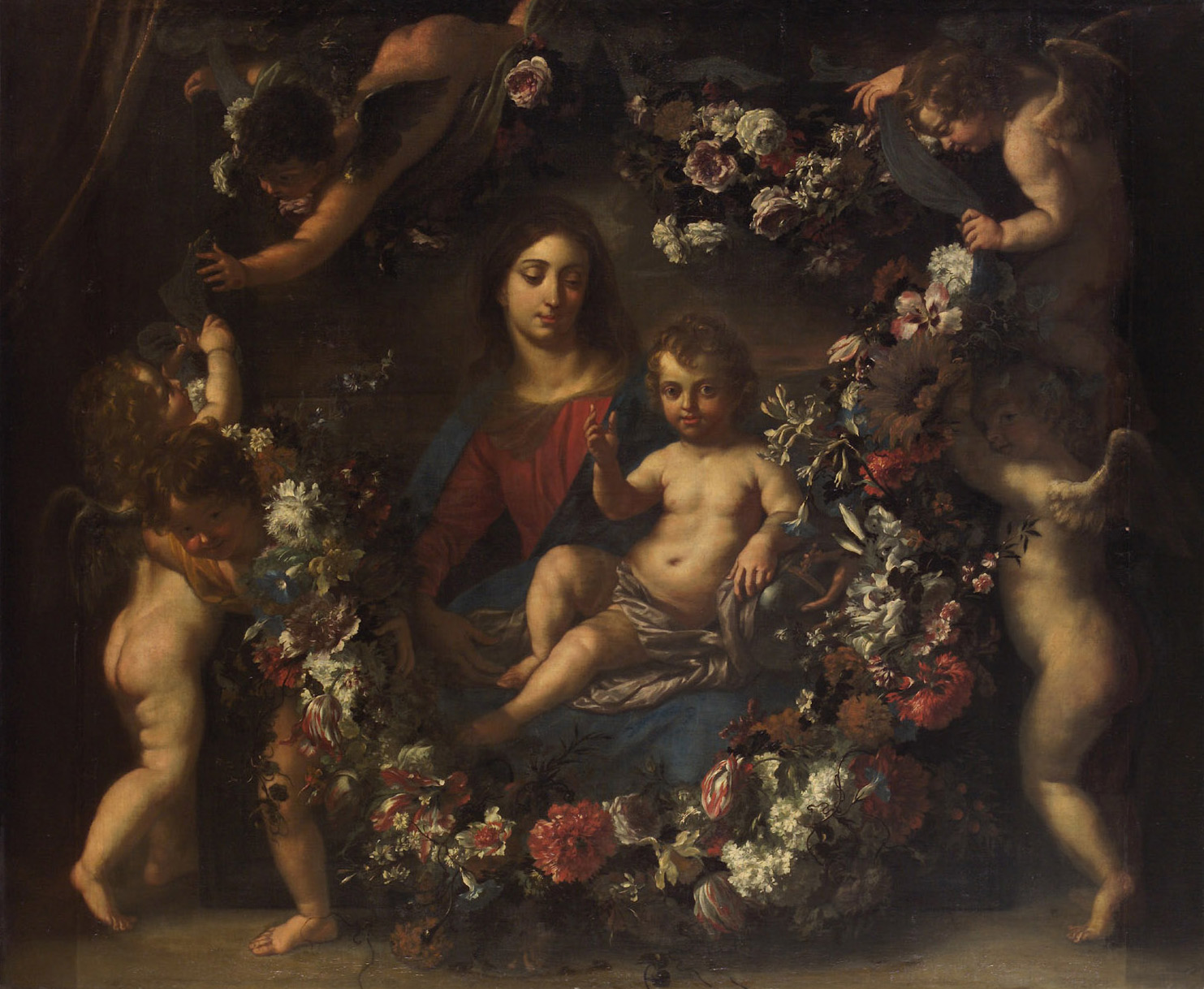 Maria mit Kind im Blumenkranz, Jan van den Hoecke, 1635-1637