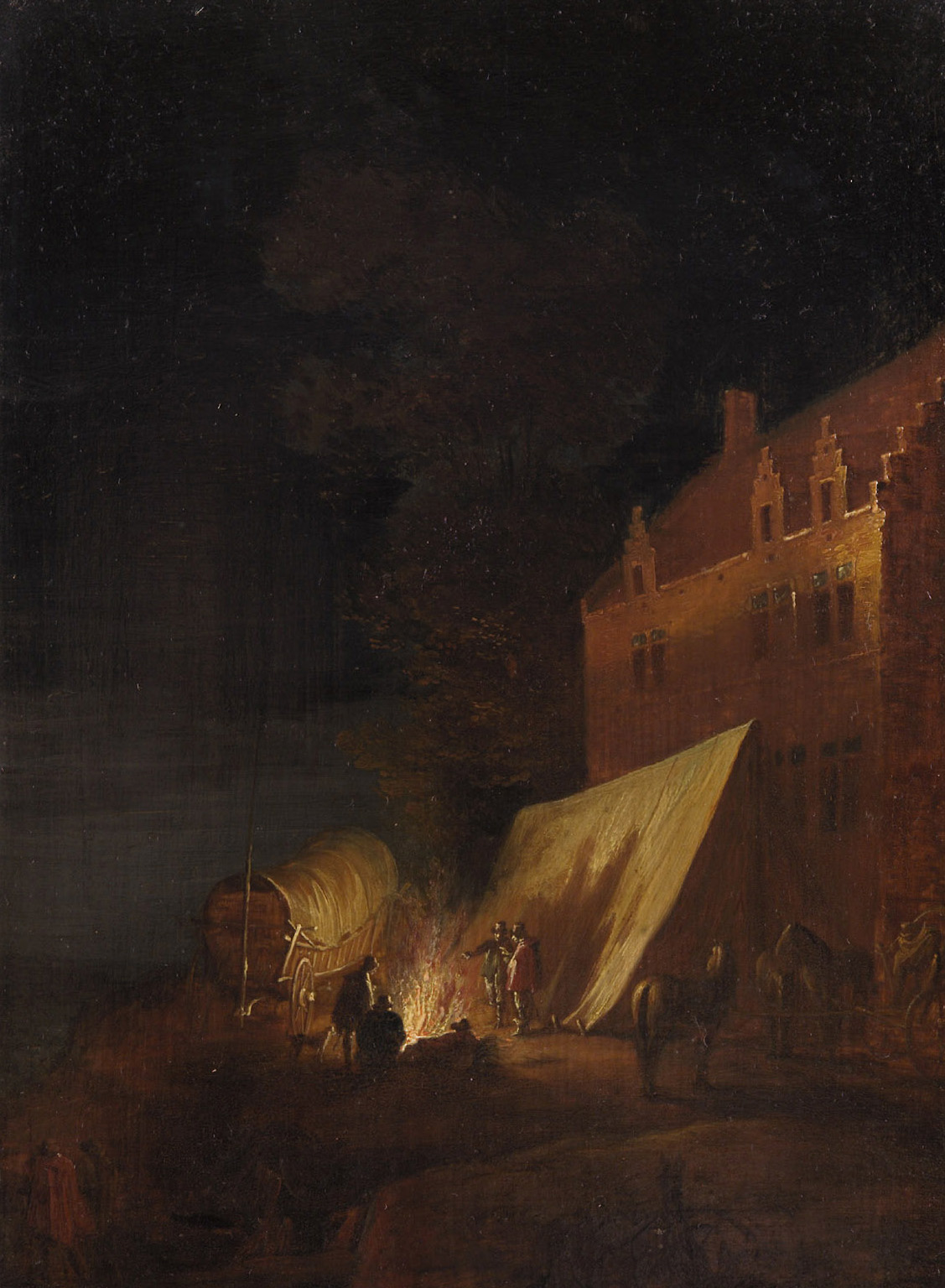 Nachtlager vor einem Gebäude, Robert van den Hoecke, 1635-1668