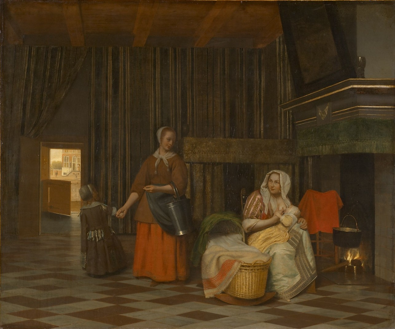 Frau mit Kind und Dienstmagd, Pieter de Hooch, 1663-1665